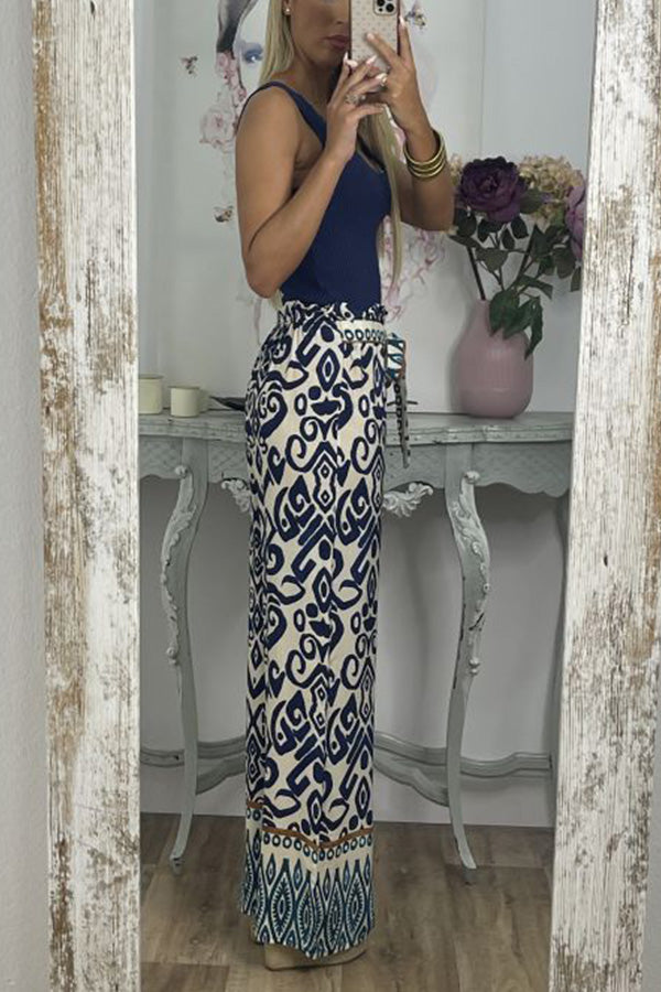 GALA waist tie ethnic totem pattern trousers