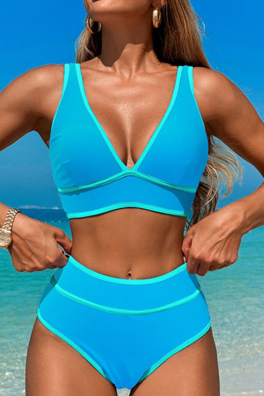 V-neck color-stitched two-piece swimsuit