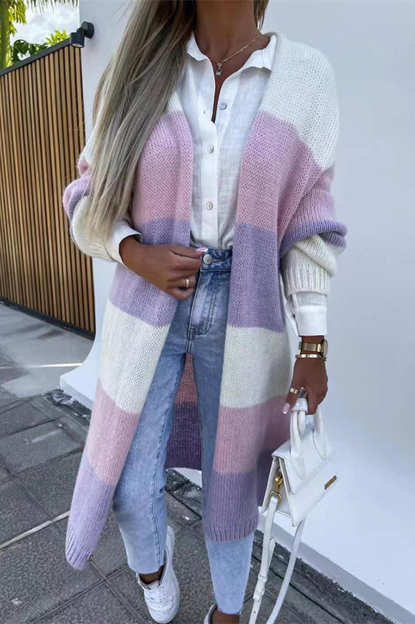 Contrast Long Sleeve Multicolor Striped Cardigans