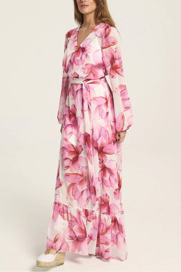 Island Girl Floral Print V-neck Long Sleeve Tie Slit Holiday Maxi Dress