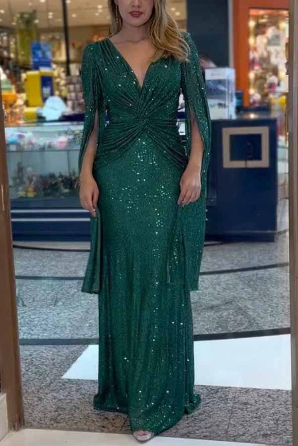 Robe longue de soirée à sequins et manches cape croisées Shine Brighter