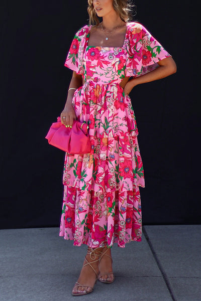 It's All Special Floral Cutout Waist Tiered Midi Dress