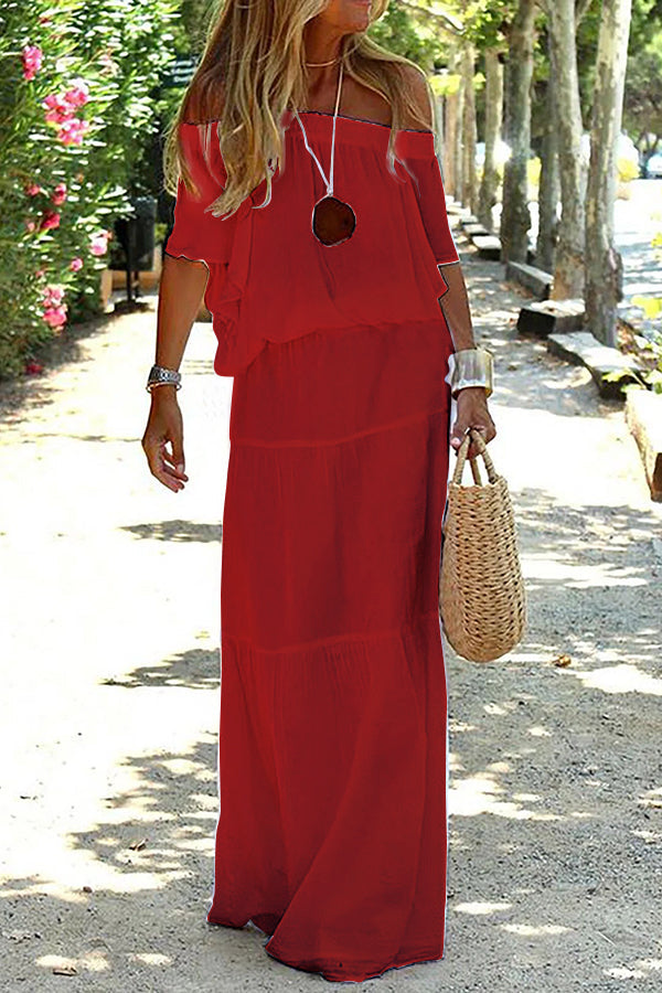 Robe longue de plage décontractée à épaules dénudées et couleur unie