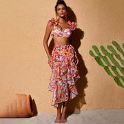 Double Layer Ruffled Shoulder Straps Flower Print Bikini Swimsuit and Sarong