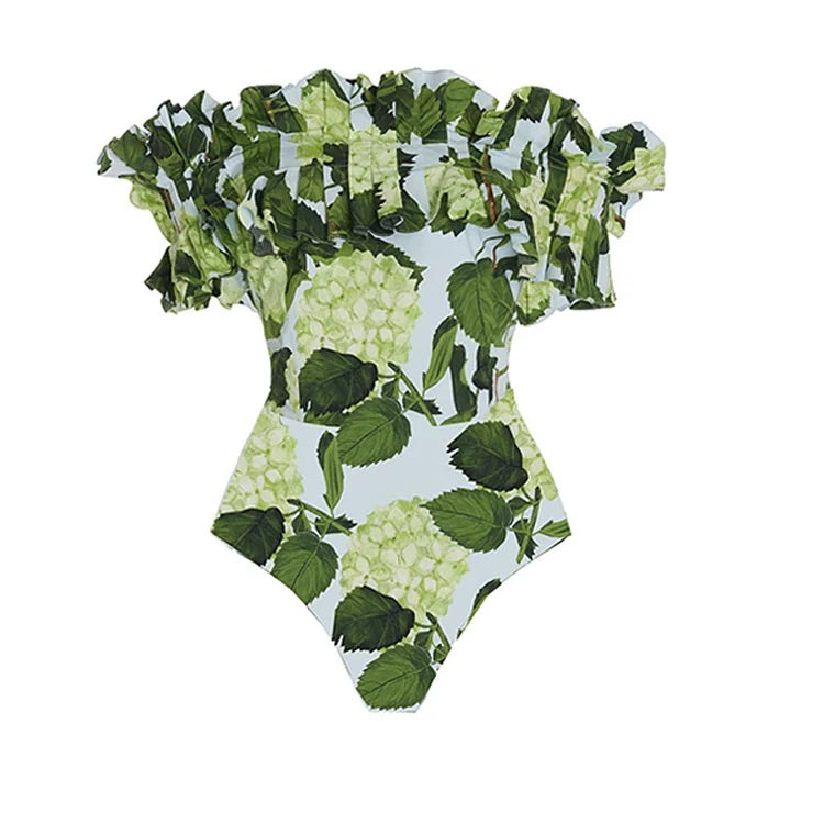 Maillot de bain une pièce imprimé épaules dénudées et jupe 