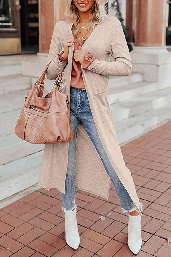 Cardigan long ouvert devant à poches et fentes abricot 