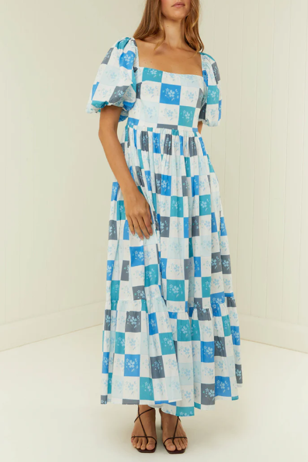 Blue Square Print Puff Sleeve Flat Collar Waist Long Dress