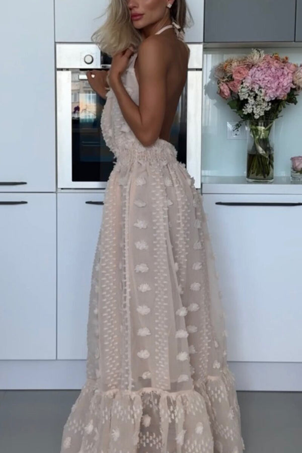 Robe longue fendue dos nu à taille élastique et broderie florale Gloria