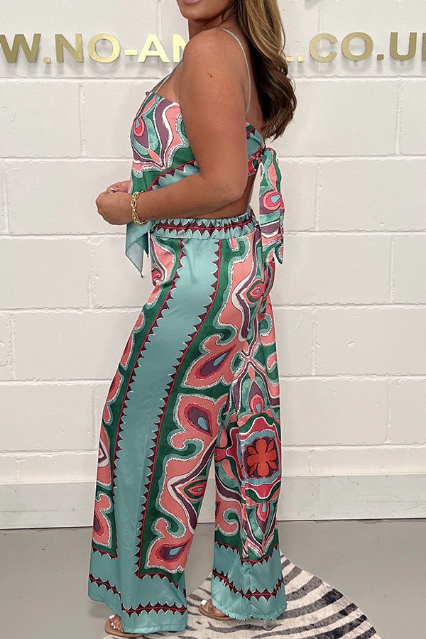 Set mit modischem Print, Trägertop mit offenem Rücken und Bindeband + gerader Hose 