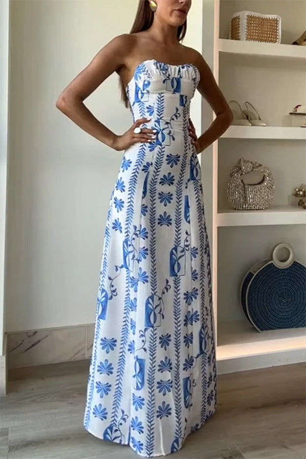 Robe longue bustier froncée à imprimé floral et vagues en lin mélangé Freya