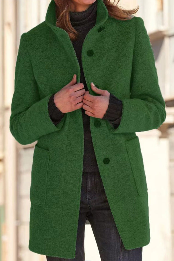 Veste en laine à col montant et boutons de couleur unie rétro 