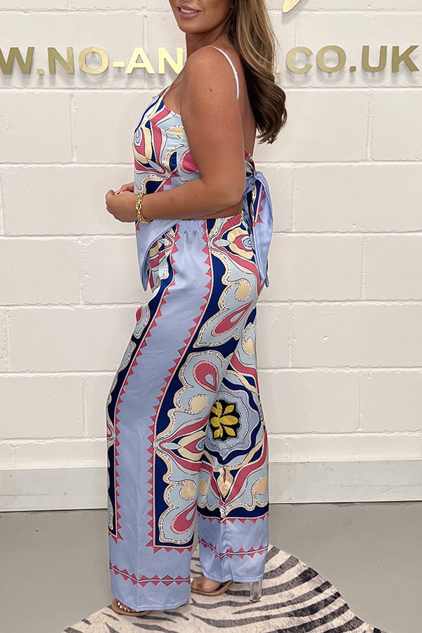 Set mit modischem Print, Trägertop mit offenem Rücken und Bindeband + gerader Hose 