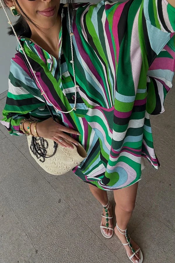 Lorrie Unique Print Button Slit Tie-up Sleeve Oversized Shirt Mini Dress