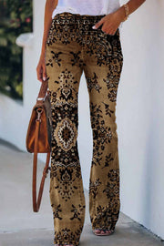 On A Drive Printed Faux Denim High Rise Flare Pants