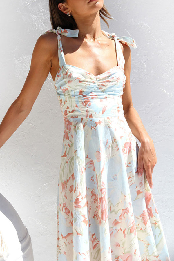 Slim fit slim waist V-neck suspender print mid-length dress