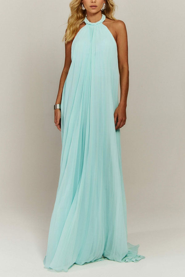 Robe longue trapèze en mousseline plissée tressée Gabie, dos nu, col licou 