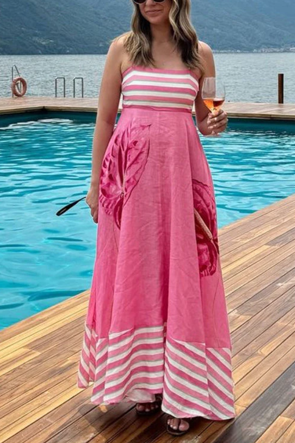 Robe longue trapèze à rayures et imprimé floral dos nu