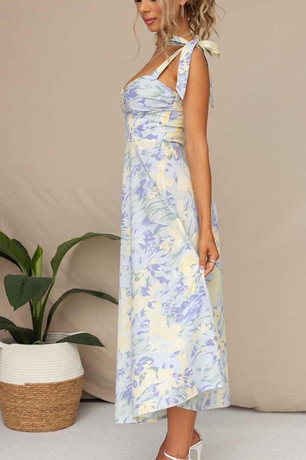 Slim fit slim waist V-neck suspender print mid-length dress