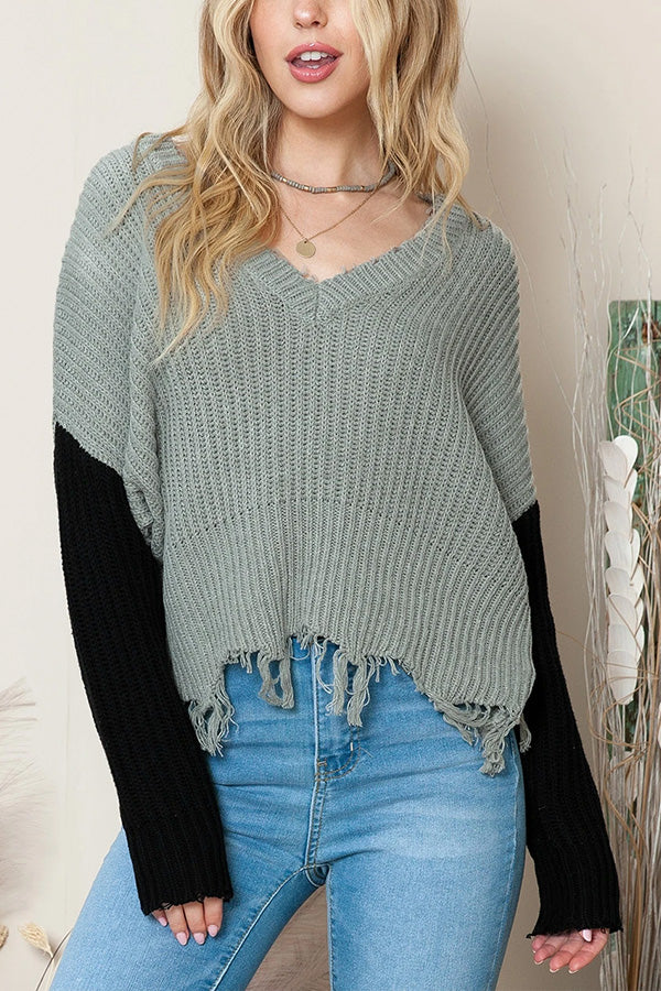 Casual Tassel Hem Pullover V Neck Sweater