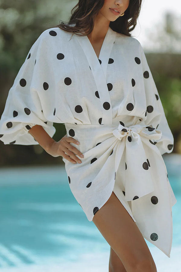 Sun Strolls Linen Blend Polka Dot Balloon Sleeve Wrap Tie-up Loose Kimono Mini Dress