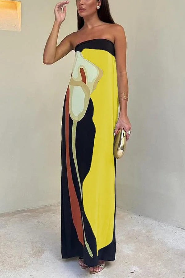 Robe longue ample à imprimé floral abstrait Jaime, épaules dénudées et élastique, idéale pour les vacances