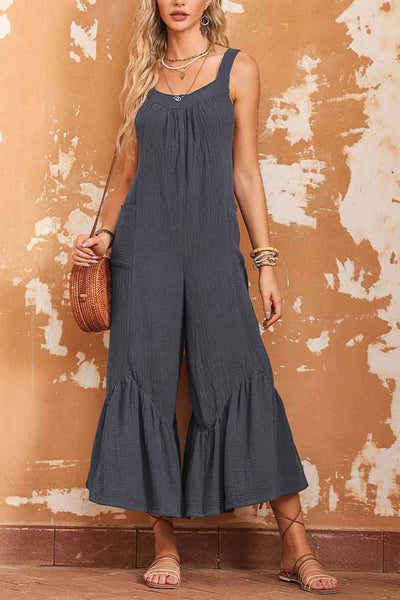 Grey Solid Color Sleeveless Flare Leg Jumpsuit with Pockets