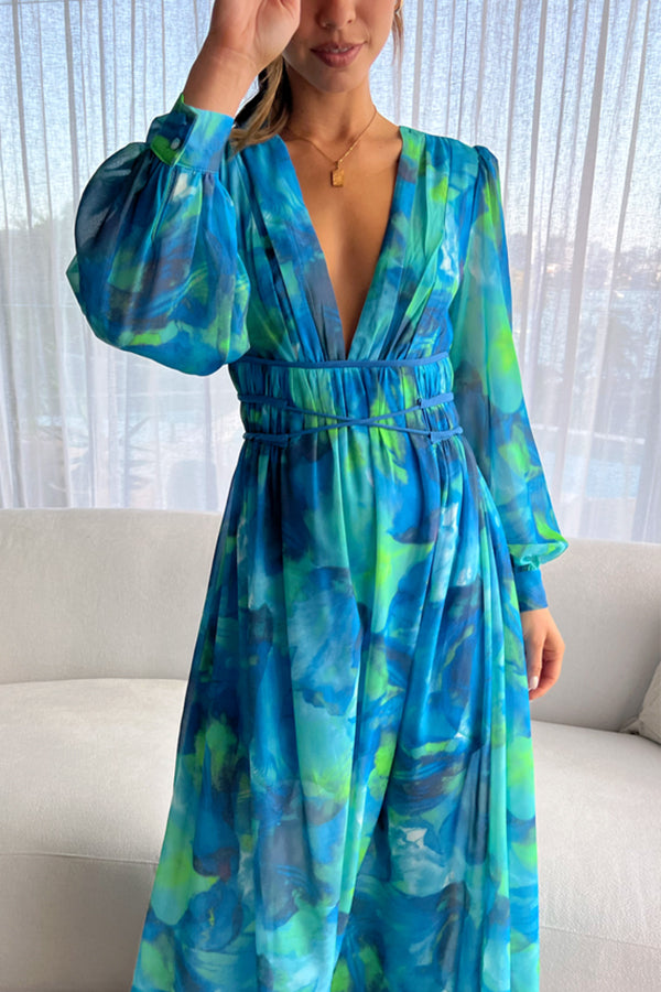 Kayla Blue Floral Bubble Long Sleeve Maxi Dress