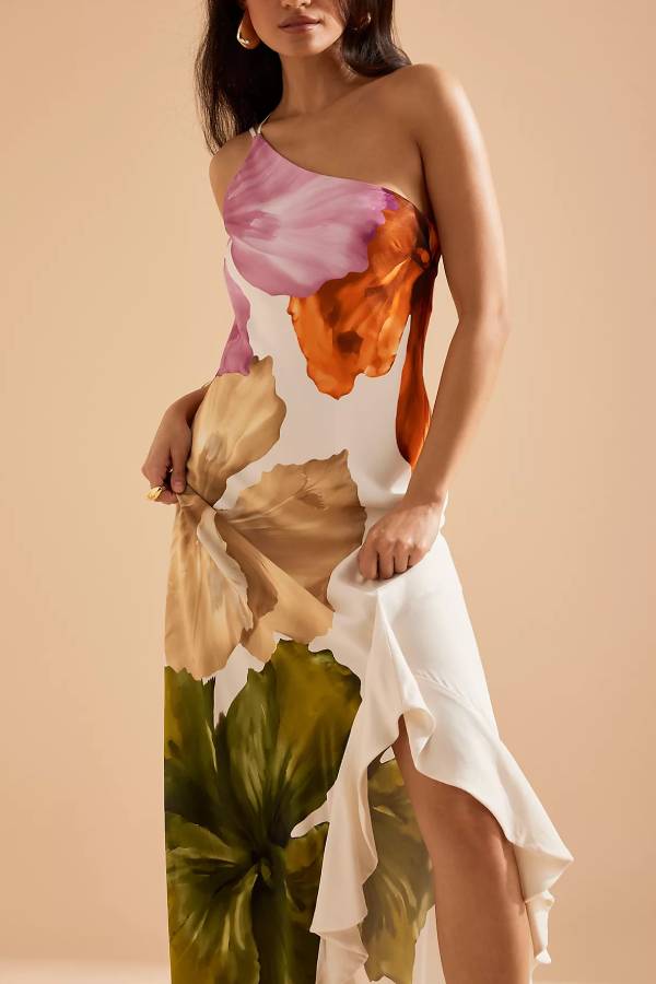 Robe longue à imprimé floral et volants sur les côtés, asymétrique et à une épaule
