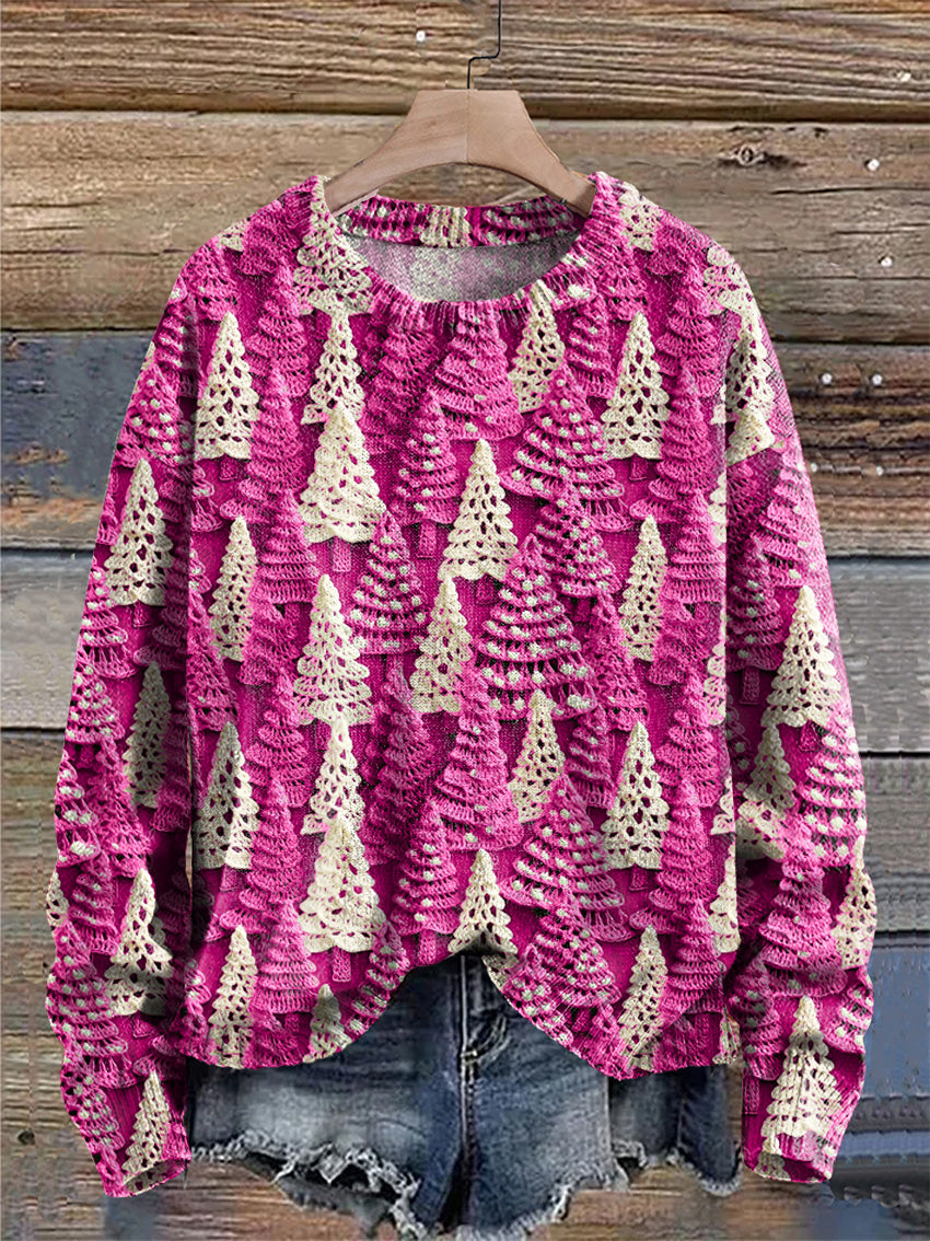 Christmas Tree Green White Print Knit Pullover Sweater