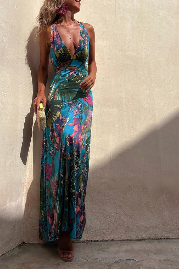 RAINFOREST PARADISE TROPICAL PRINT CUTOUT BACK CROSSOVER STRETCH-MAXIKLEID