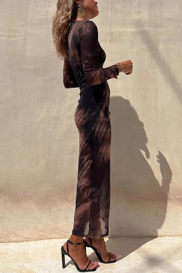 Charm Lady Mesh-Overlay Tie-Dye-Print Langärmliges, gerüschtes Stretch-Midikleid 
