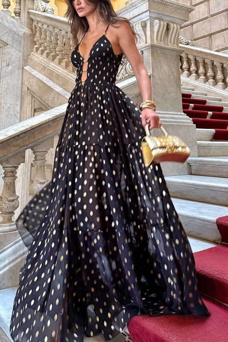 Robe longue légère en mousseline de soie à imprimé pois dorés et découpes