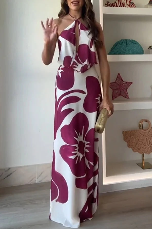 Robe longue dos nu à imprimé fleuri Leslie, col bénitier et découpes