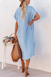 Fashion Solid Color Denim Short Sleeve Long Slit Shirt Dress