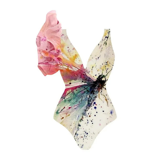 V Neck Ruffle Abstract Butterfly Printed One Piece Swimsuit and Sarong