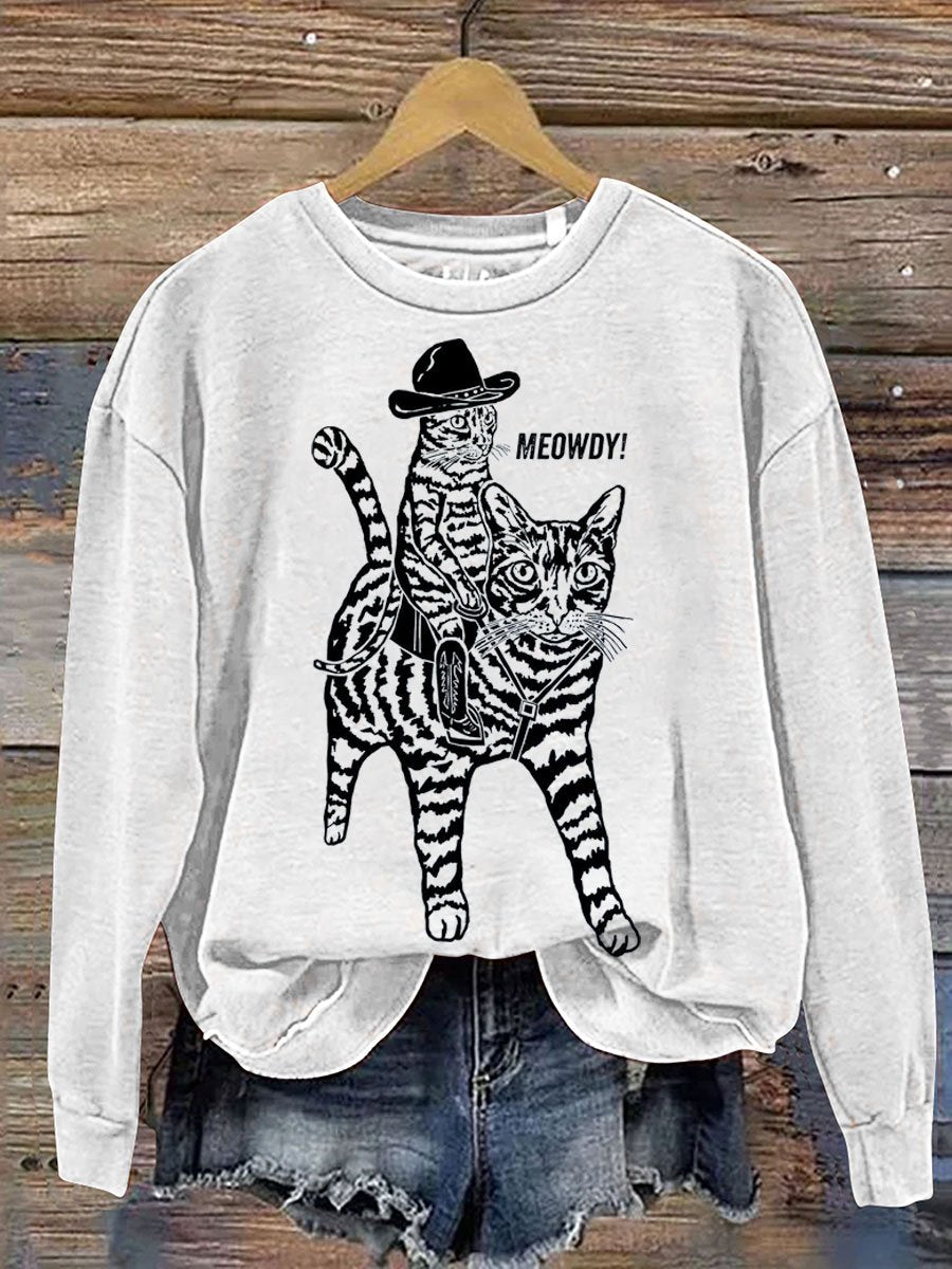 Cowboy Cat Print Casual Sweatshirt
