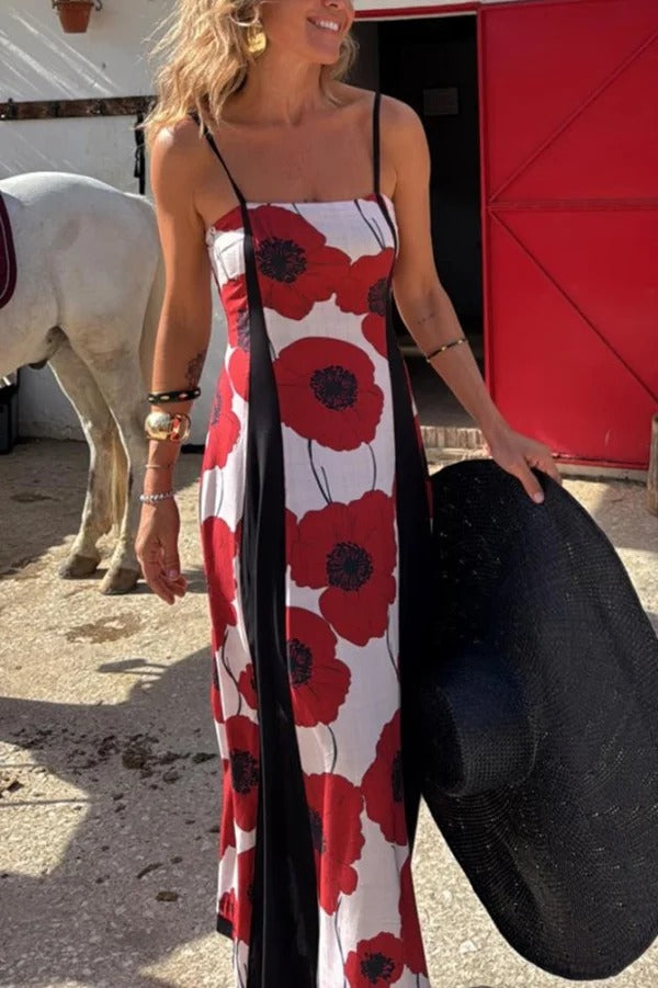 Robe longue plissée à bretelles et imprimé floral
