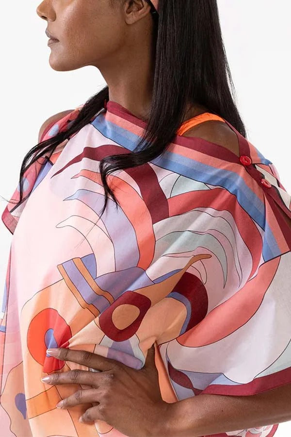 Horse Island Tulle Unique Print One Shoulder Button Detail Loose Cover-up Mini Dress