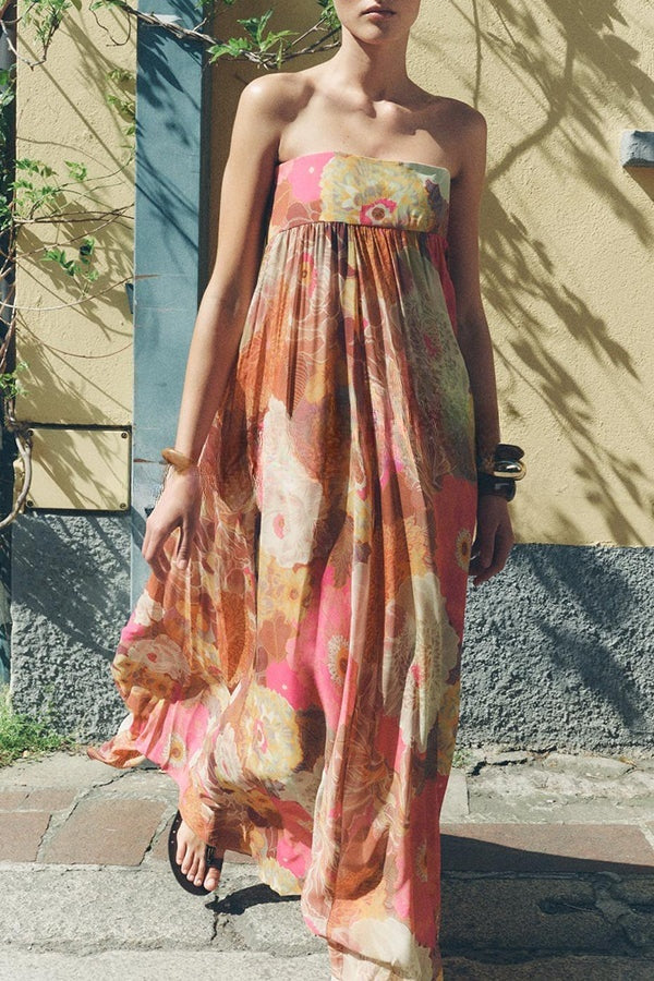 Shelia – Schulterfreies Maxikleid in A-Linie mit ethnischem Blumendruck