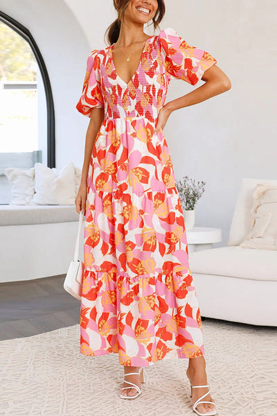 Peony Garden Smocked Bust Puff Sleeve Tiered Maxi Dress