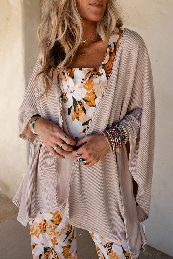 Textured Lace Trim Open Front Kimono Cardigan