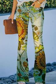 On A Drive Printed Faux Denim High Rise Flare Pants