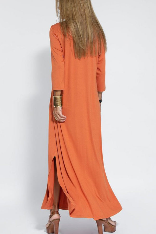 Fashion solid color V-neck three-quarter sleeves knitted long slit dress