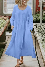 Round Neck Casual Loose Solid Color Long Sleeve Maxi Dress