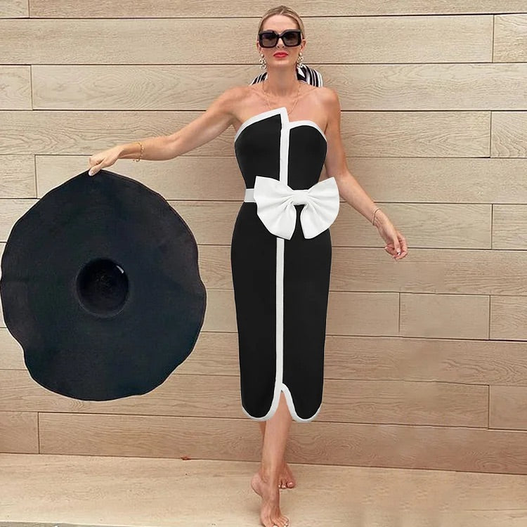 Maillot de bain une pièce avec nœud papillon et jupe à épaules dénudées 