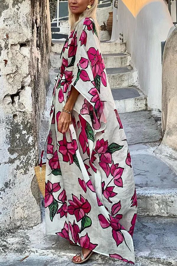 Floral Print Dolman Sleeve Belted Loose Maxi Dress