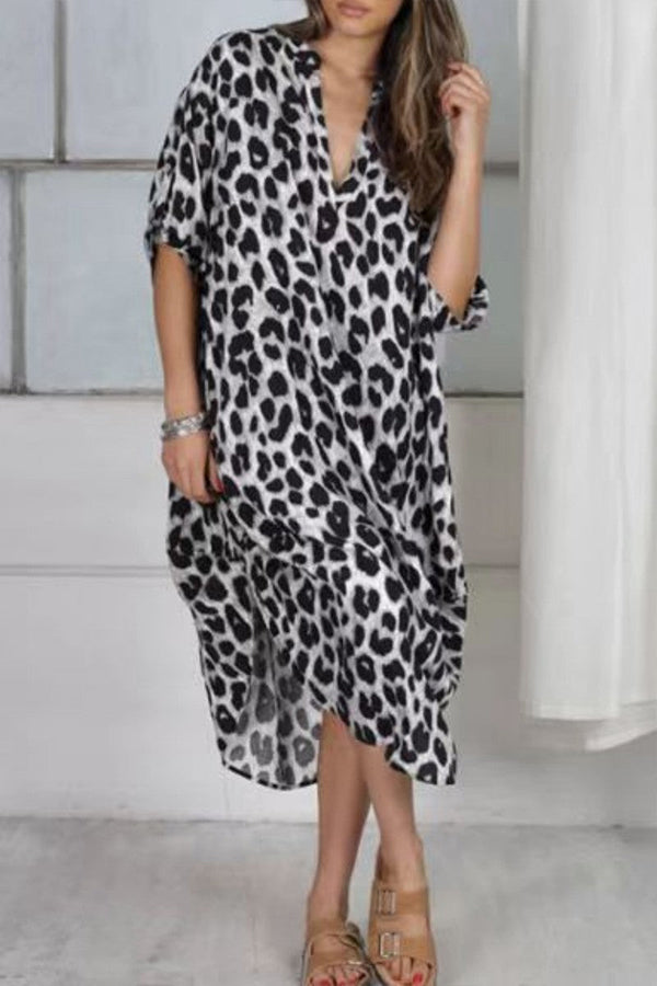 Casual Print Leopard Patchwork V Neck Printed Dress Dresses