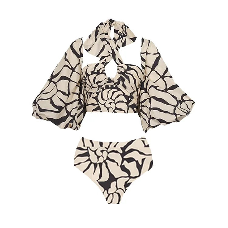 Maillot de bain et jupe bikini imprimés à manches bouffantes amovibles 