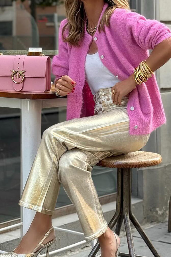 Goldfarbene Retro-Hose mit geradem Bein, losen Taschen und weiten Beinen