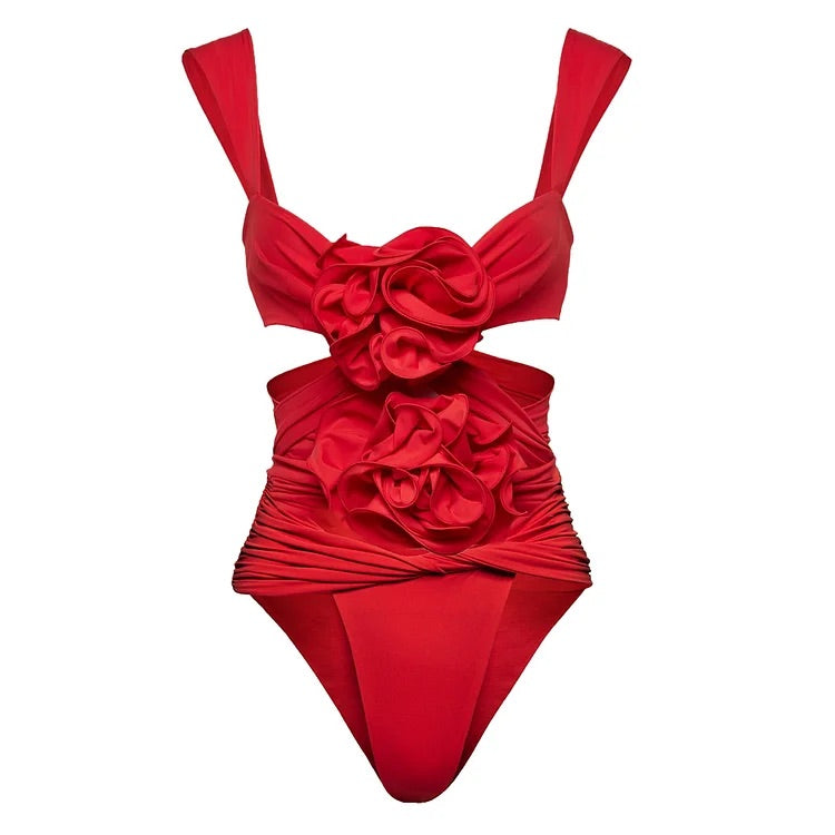 Maillot de bain une pièce et jupe rouge à fleurs 3D Swimgirls 
